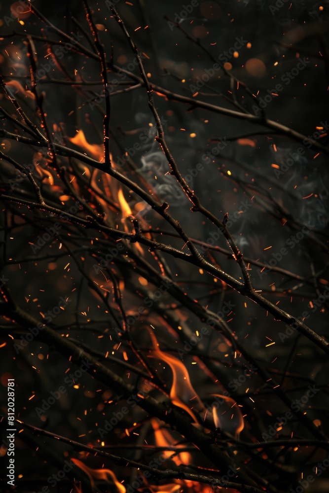 Poster image of branches on fire, caution advised for forest fires