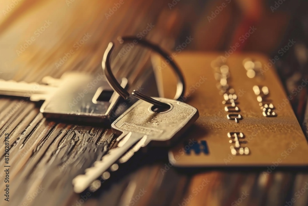 Poster Credit card and keys placed on a table, suitable for finance or security concepts