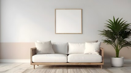 Mock up frame with long sofa or decorated plant or carpet on floor