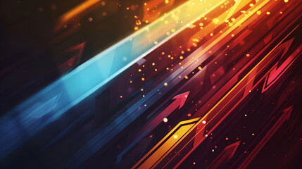 abstract background of glowing particles and lines ,neon glowing arrows pointing in various directions,Volumetric 3d illustration of different sparkling yellow and orange arrows aimed at each other 
