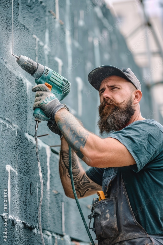Poster a man with a beard using a drill to paint a wall. suitable for construction and renovation projects