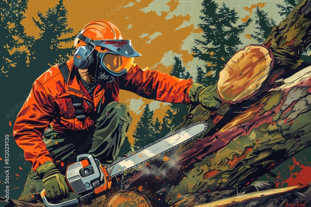 Aufkleber a man using a chainsaw to cut down a tree. suitable for forestry or lumber industry concepts
