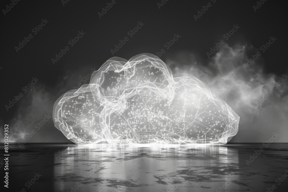 Poster a geometric cloud built from triangular wireframe elements, emphasizing its structured and modular n