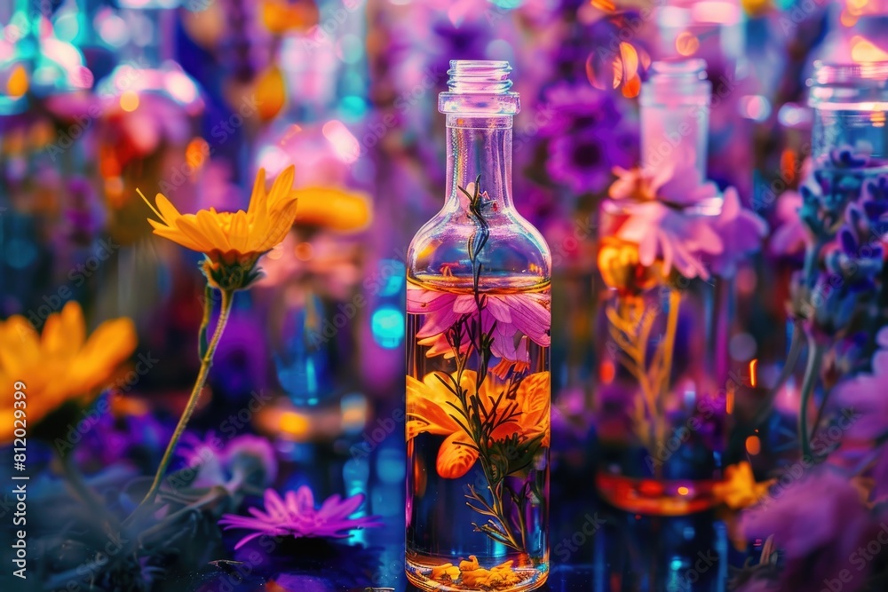 Poster a bottle filled with flowers on a table, suitable for various uses