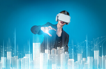 Caucasian architect wearing VR headsets and designing building construction. Professional civil engineer working and planning about house structure by using visual reality simulation. Contraption.