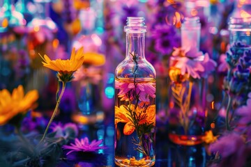 A bottle filled with flowers on a table, suitable for various uses