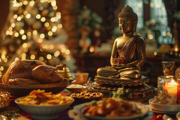 Buddha statue sitting on table surrounded by food. Great for cultural or spiritual concepts - Powered by Adobe