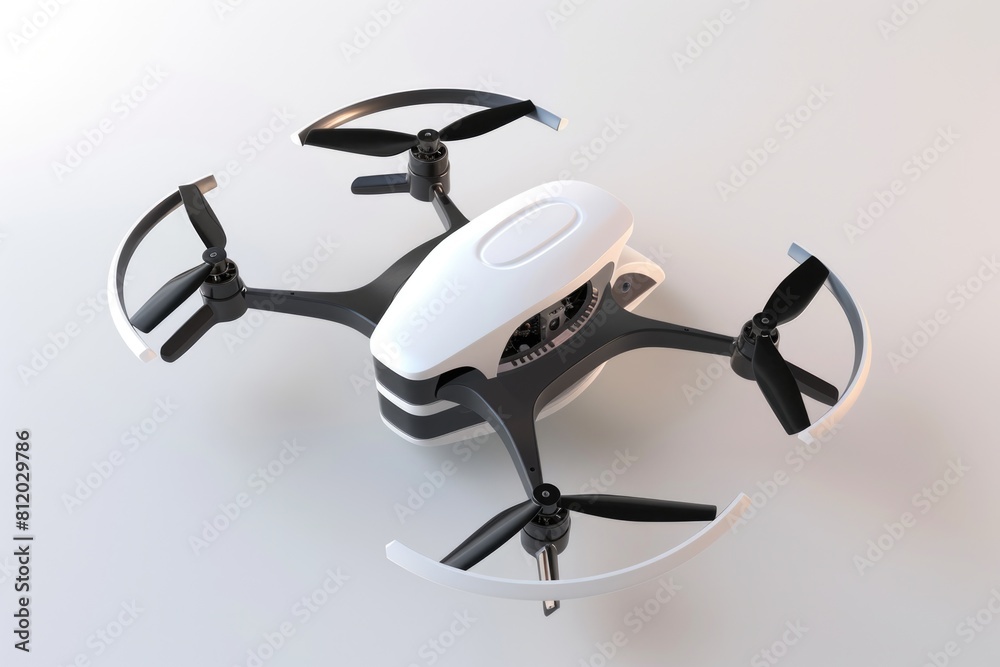 Poster A detailed view of a small drone on a white surface. Perfect for tech and innovation concepts