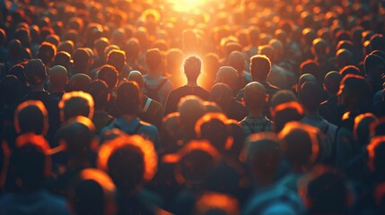 Conceptual photo of a crowd with one individual highlighted by a distinct, bright aura, standing...