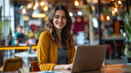 Energetic young businesswoman using a laptop in a vibrant coworking space