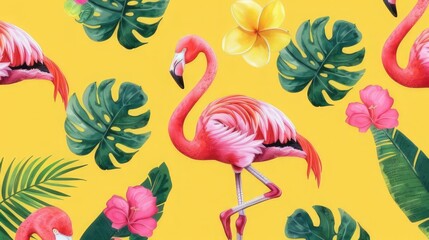 Tropical Flamingo Fiesta Summer Festive Vibes on a Yellow Background

