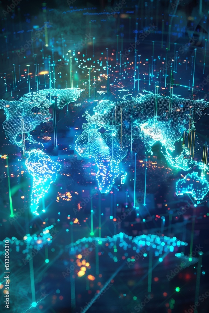 Poster a pixelated world map with chunky continents, glowing nodes representing major data hubs, pulsating 