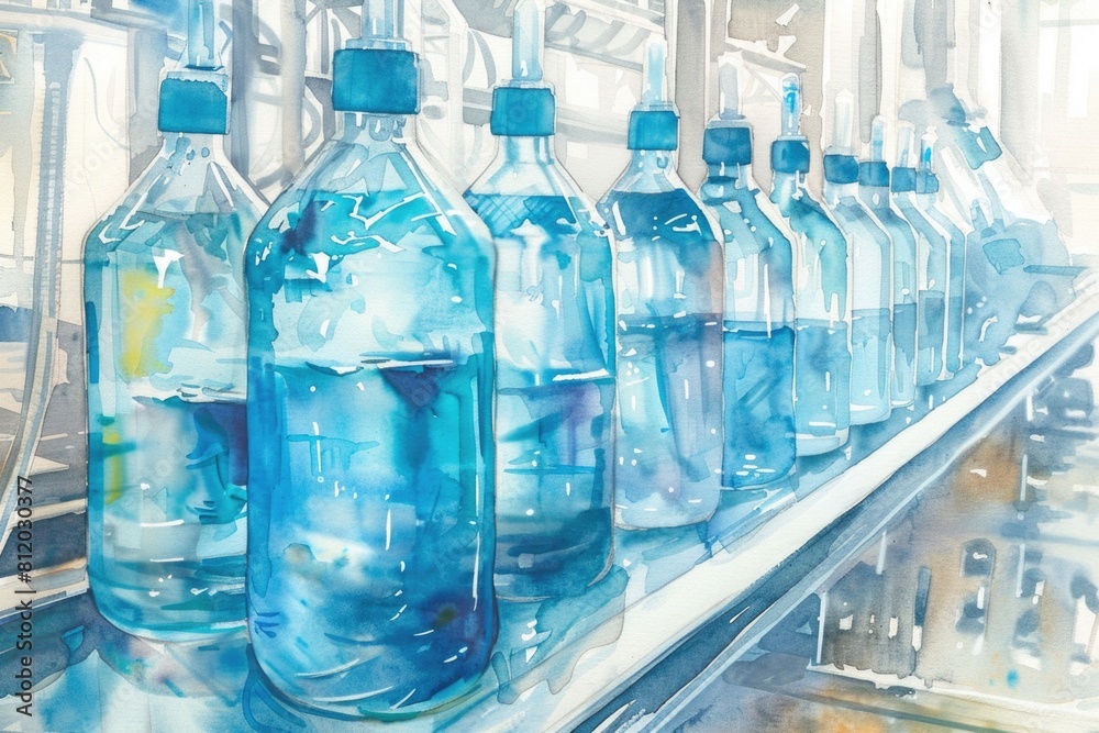 Poster a painting of a row of empty water bottles, suitable for environmental or recycling concepts