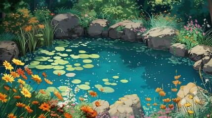Malowidło przedstawiające staw otoczony kamieniami i kwiatami w różnych kolorach, z detalami roślinności i wody