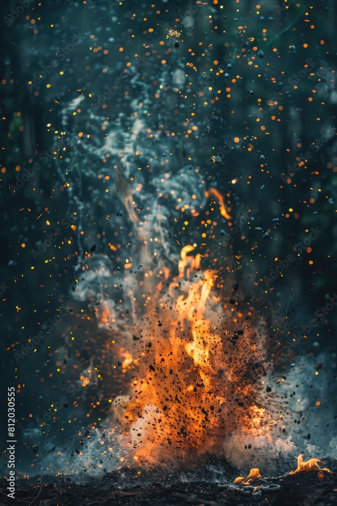 Poster a dramatic image of fire exploding in the air, perfect for illustrating danger and destruction