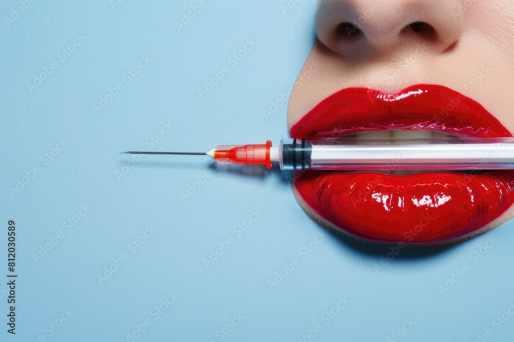 Poster Close up of a person with a pair of scissors in their mouth. Suitable for various creative projects