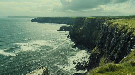 A rugged coastline stretching into the distance, waves crashing against dramatic cliffs, panoramic...
