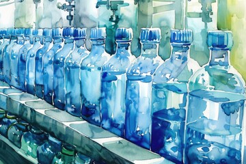 Watercolor painting of a row of blue bottles. Ideal for home decor or art prints