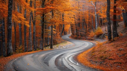 Obraz premium Road winding through a forest ablaze with autumn colors