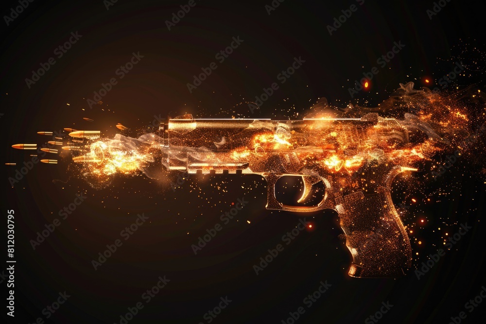 Poster A close up of a gun with fire coming out of it. Suitable for action or danger concepts