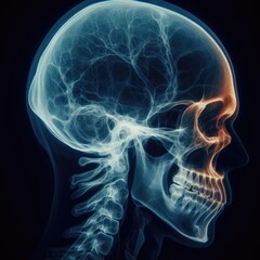 X-ray image showcasing a human skull, detailed view of cranial structure, in a dark background