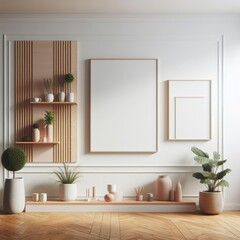 A Room with a template mockup poster empty white and with a white wall and shelves with plants and a picture frame realistic attractive harmony has illustrative meaning.