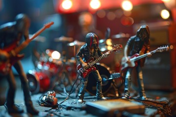 Action figures playing a guitar game, suitable for various concepts