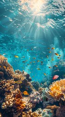 A vibrant coral reef teeming with colorful fish, sunlight dappling through the crystal-clear water
