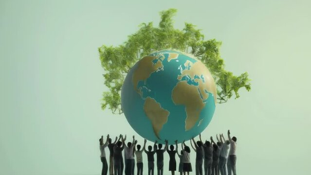 Diverse people holding up a globe adorned with trees, symbolizing global unity and commitment to environmental sustainability. Preservation of the environment. Global environmental problems