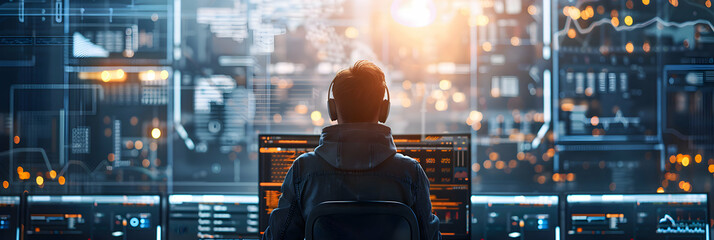 Photo realistic image of Software Developer Coding for Blockchain Concept in a modern tech office environment