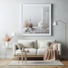 A white couch and a painting on a wall image photo lively card design.