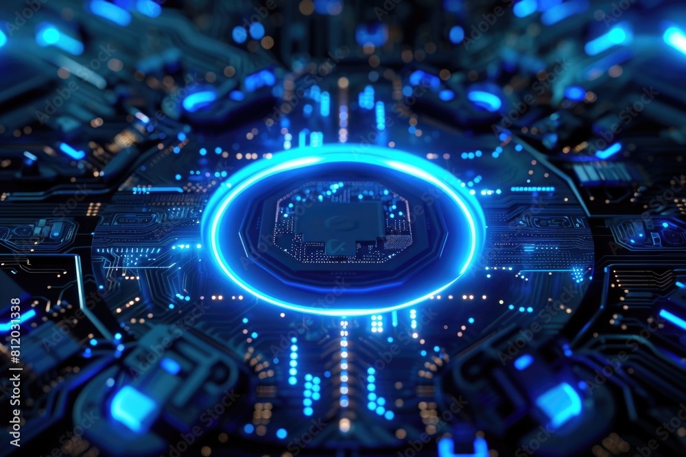 Poster A computer circuit board with a glowing blue circle. Ideal for technology concepts