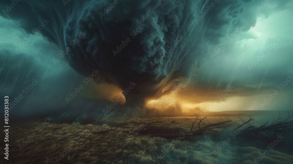 Poster a large tornado cloud descending over a field. suitable for weather or natural disaster concepts.