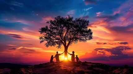 Silhouette of hands planting a tree against a vibrant sunset