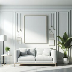 A white living room with a template mockup poster empty white and with a couch and a plant image attractive has illustrative meaning used for printing card design.