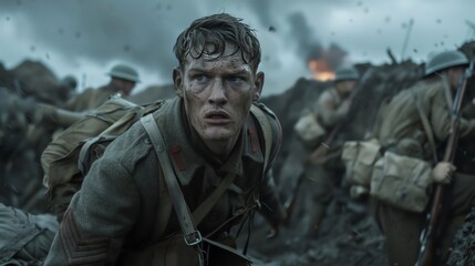 Obraz premium A war epic depicting the brutality and heroism of soldiers on the front lines of battle