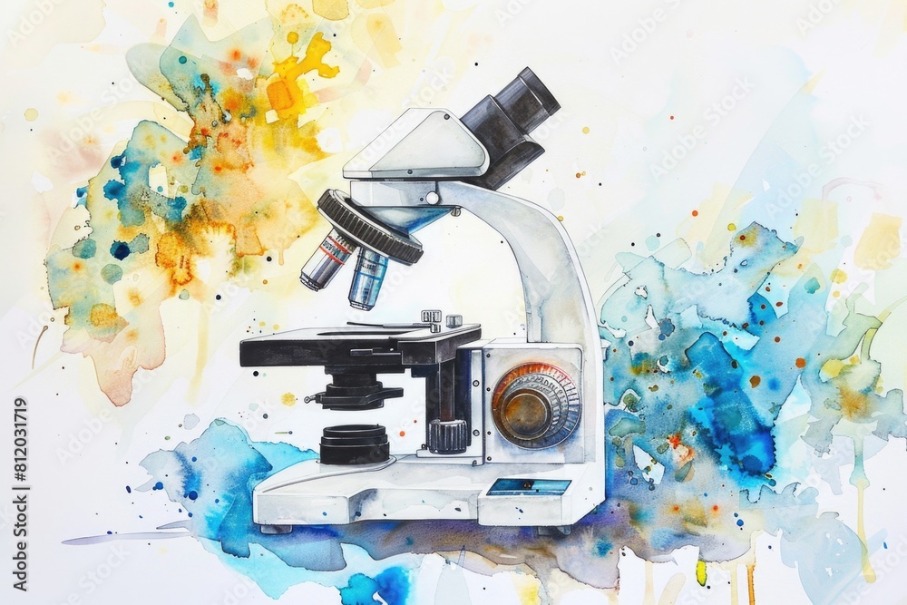 Poster a watercolor painting of a microscope on a table. perfect for science and education concepts