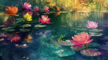 Obraz przedstawia wodne lilie rosnące w stawie. Kolorowe kwiaty otaczają spokojną tafle wody, tworząc harmonijną kompozycję