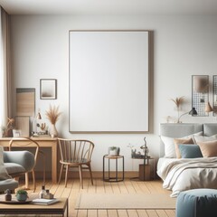 Bedroom sets have template mockup poster empty white with Bedroom interior and chair and a desk art photo harmony card design.