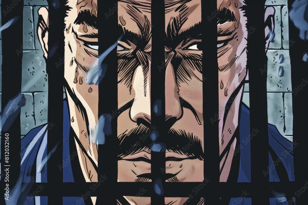 Poster a close up image of a man behind bars. perfect for illustrating incarceration or imprisonment