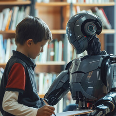 Caucasian child and AI robot studying working together in the classroom, interaction between human and robot, automation and technology concept