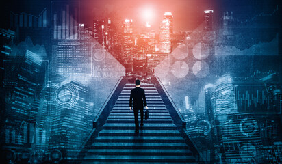 Ambitious business man climbing stairs to meet incoming challenge and business opportunity. The...
