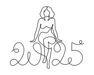 2025 and woman one line art, hand drawn  lady figure continuous contour.Holiday concept,festive female celebrating.New year handwriting text, linear style, minimalist design.Editable stroke.Isolated
