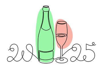 Bottle and glass, celebrating 2025 new year,one line art,continuous drawing contour.Cheers toast,festive hand drawn holiday decoration,simple minimalist design.Editable stroke.Isolated.