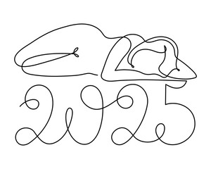 2025 and woman one line art, hand drawn  lady figure continuous contour.Holiday concept,festive female celebrating.New year handwriting text, linear style, minimalist design.Editable stroke.Isolated