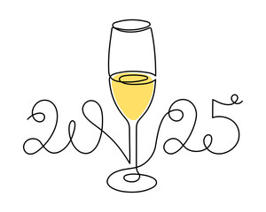Glass, celebrating 2025 new year,one line art,continuous drawing contour.Cheers toast,festive hand drawn holiday decoration,simple minimalist design.Editable stroke.Isolated.