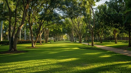 Tranquil park with neatly trimmed grass and shaded pathways
