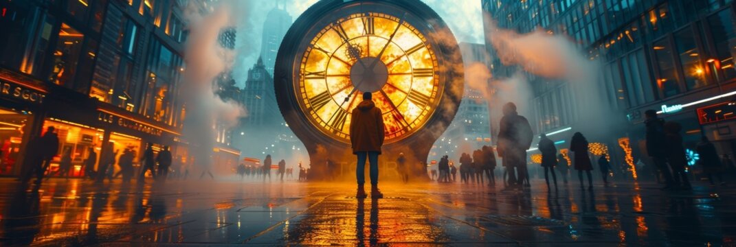 Man contemplating time&rsquo;s passage by city clock amidst urban rush
