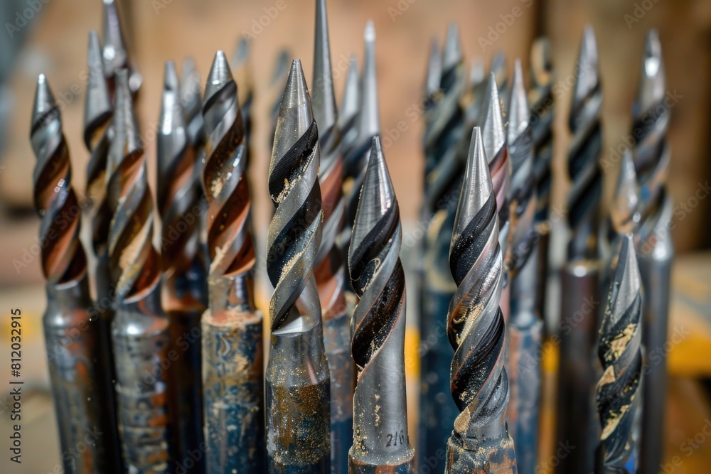 Poster Drill bits neatly arranged on a table, suitable for construction and DIY projects