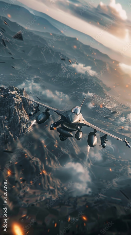 Wall mural f-16 fighting falcon performing a high-speed maneuver over a mountainous battlefield, evading enemy 